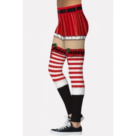 Red Stripe 3d Print Elastic Waist Christmas Leggings