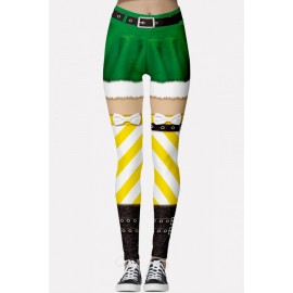 Yellow Stripe Print Elastic Waist Christmas Skinny Leggings