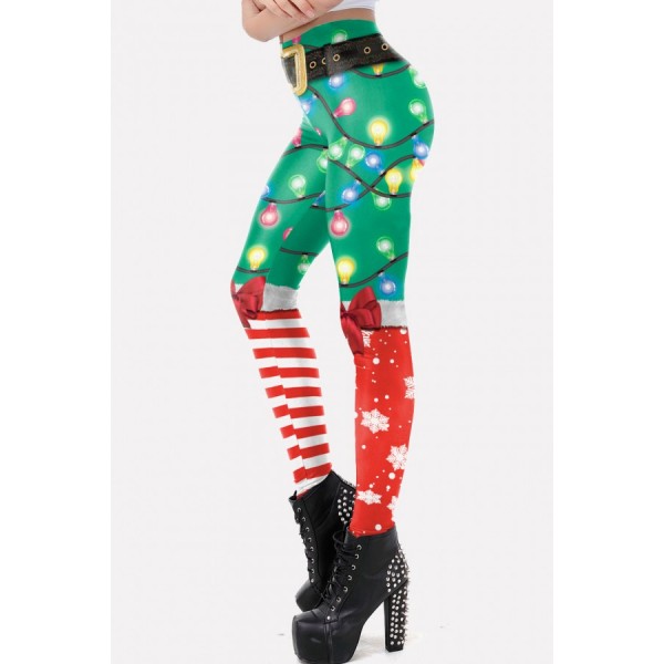 Green 3d Graphic Print Elastic Waist Christmas Skinny Leggings 