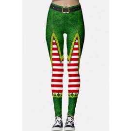 Green Stripe Leaf Print Elastic Waist Christmas Skinny Leggings