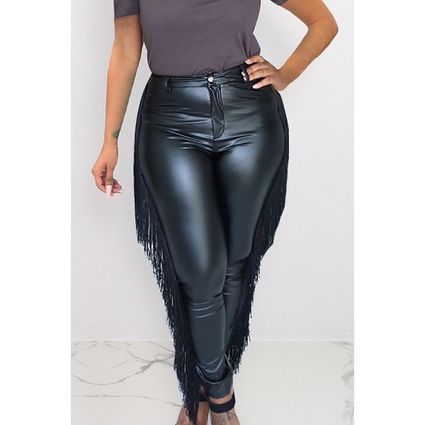 Faux Leather Fringe High Waist Sexy Leggings 