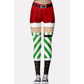 Green Stripe Print Elastic Waist Christmas Skinny Leggings