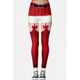 Red 3d Print Elastic Waist Christmas Skinny Leggings