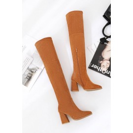 Brown Zipper Up Chunky Heel Over The Knee Boots