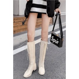 Apricot Lace Up Zipper Up Low Heel Mid-calf Boots