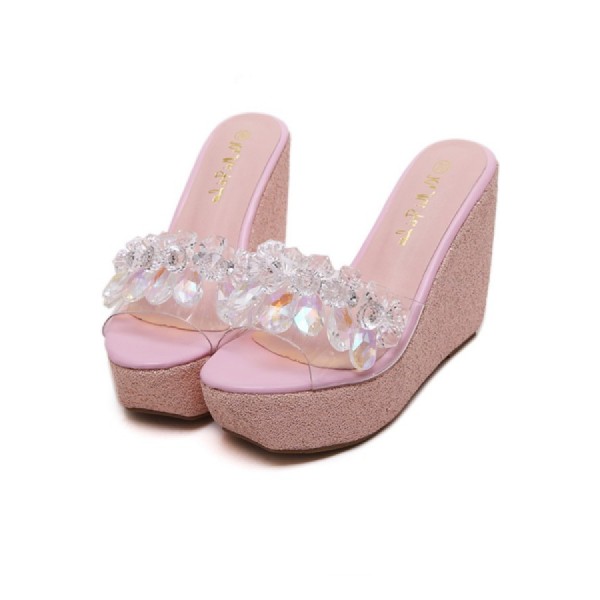 Pink Rhinestone Peep Toe Wedge Sandals 