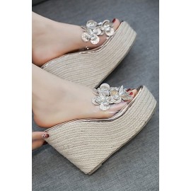 Gold Flower Imitation Pearl Detail Clear Woven Wedge Mules