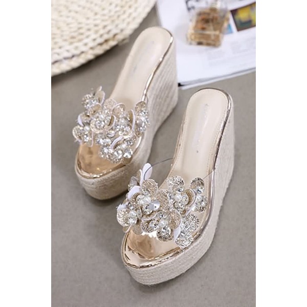Gold Flower Imitation Pearl Detail Clear Woven Wedge Mules 