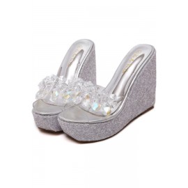 Silver Rhinestone Peep Toe Wedge Sandals