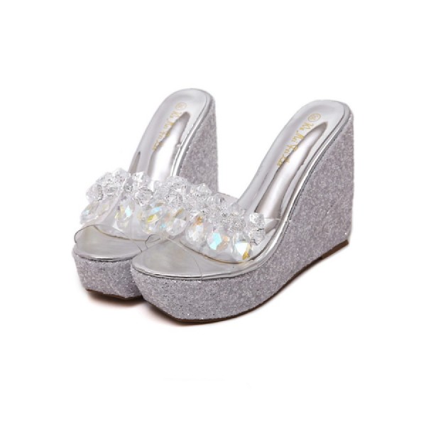 Silver Rhinestone Peep Toe Wedge Sandals 