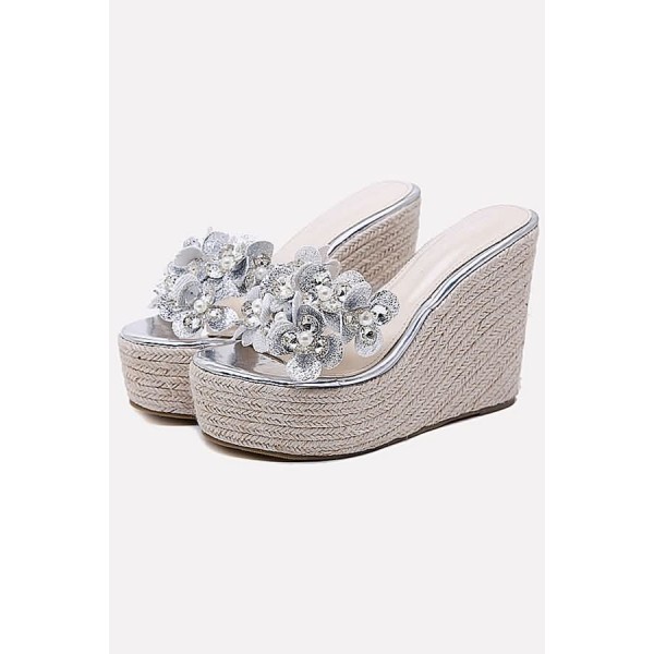 Silver Flower Imitation Pearl Detail Clear Woven Wedge Mules 