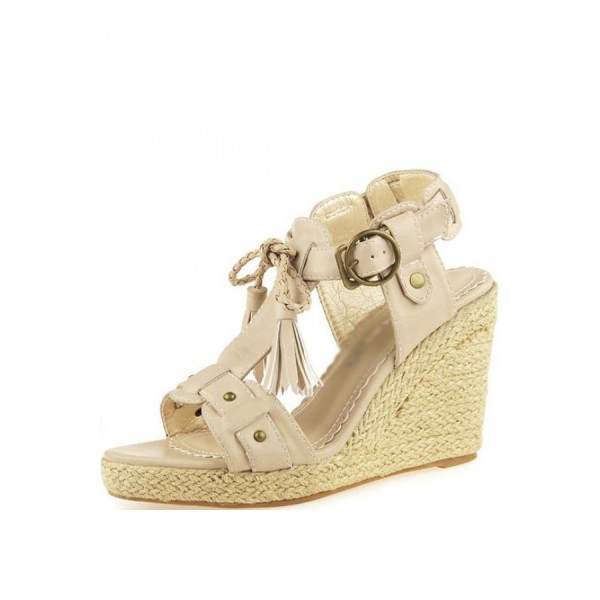 Faux Leather Open Toe Woven Wedges