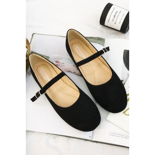 Black Suede Buckle Strap Round Toe Flats 
