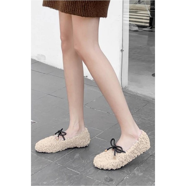 Apricot Faux Fur Tied Round Toe Flats 