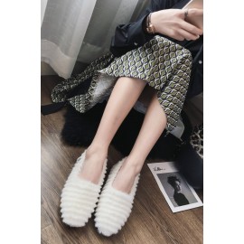 White Faux Fur Buckle Up Round Toe Flats