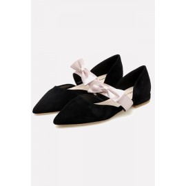 Black Suede Bowknot Pointed Toe Flats
