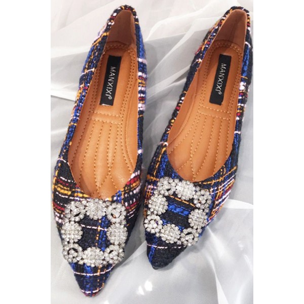 Blue Plaid Pointed Toe Casual Flats 