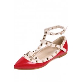 Red Faux Leather Studded Pointed Toe Flats