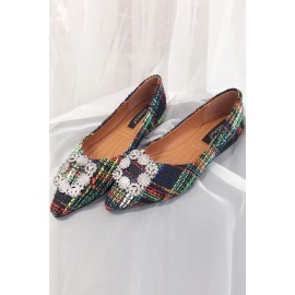 Green Plaid Pointed Toe Casual Flats