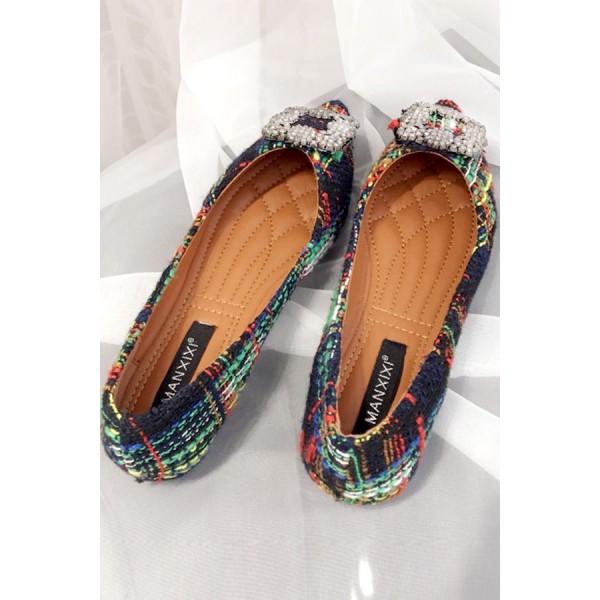 Green Plaid Pointed Toe Casual Flats 