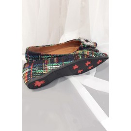 Green Plaid Pointed Toe Casual Flats