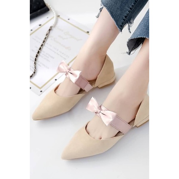 Apricot Suede Bowknot Pointed Toe Flats 