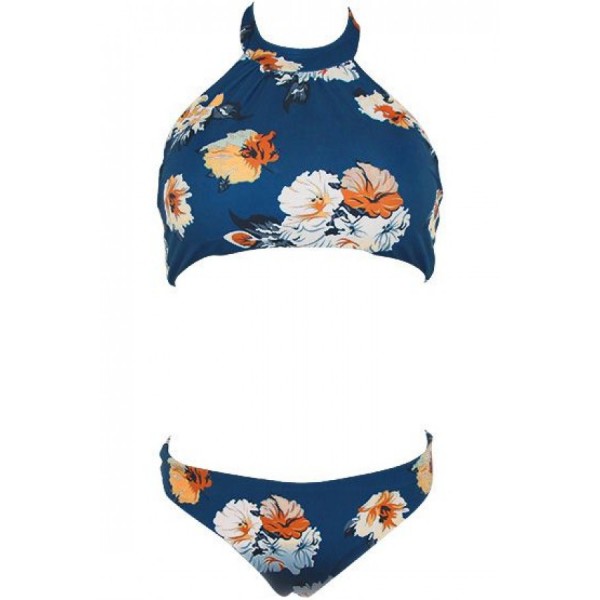 Dark Blue Halter Floral Print High Neck Ruched Cute Two Piece Crop Top Bikini Swimsuit 
