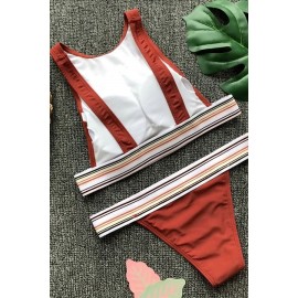 Dark-red Contrast Padded Crop Top Skimpy Thong Sexy Bikini
