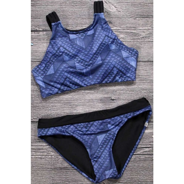 Dark Blue High Neck Geometric Print Strappy Cutout Lace Up Back Sexy Two Piece Crop Top Bikini Swimsuit 