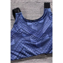 Dark Blue High Neck Geometric Print Strappy Cutout Lace Up Back Sexy Two Piece Crop Top Bikini Swimsuit