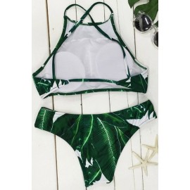 Green Leaf Print High Neck Sexy Two Piece Bikini Swimsuit