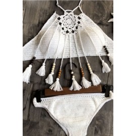 Beaded Tassels Crochet High Neck Sexy Bikini Swimsuit