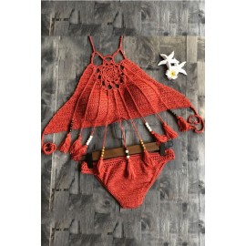 Beaded Tassels Crochet High Neck Sexy Bikini Swimsuit