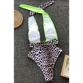 Leopard Splicing Cutout Buckle Halter High Cut Sexy Monokini Swimsuit