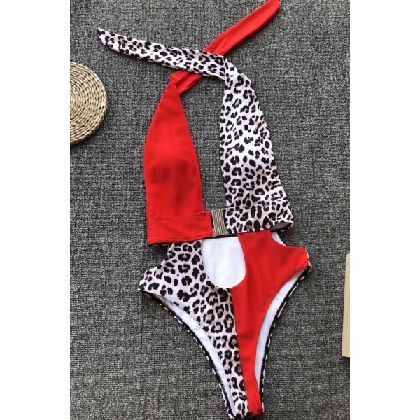 Leopard Splicing Cutout Buckle Halter High Cut Sexy Monokini Swimsuit 