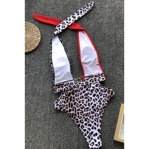 Leopard Splicing Cutout Buckle Halter High Cut Sexy Monokini Swimsuit 