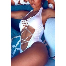 White Lace Up Halter High Cut Sexy Monokini Swimsuit