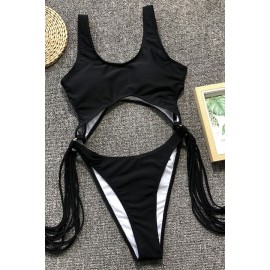 Black Cutout Fringe Padded High Cut Sexy Monokini Swimsuit