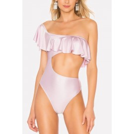 Pink Ruffles Cutout One Shoulder Sexy Monokini Swimsuit