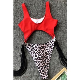 Leopard Cutout Fringe Padded High Cut Sexy Monokini Swimsuit