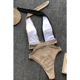 Black Two Tone Cutout Buckle Halter High Cut Sexy Monokini Swimsuit