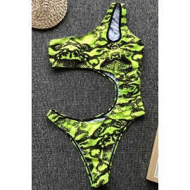 Green Snakeskin Cutout One Shoulder High Cut Sexy Monokini Swimsuit