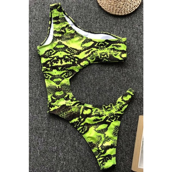 Green Snakeskin Cutout One Shoulder High Cut Sexy Monokini Swimsuit 