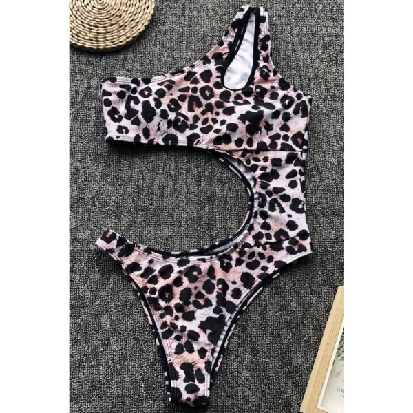 Leopard Cutout One Shoulder Padded High Cut Sexy Monokini Swimsuit 