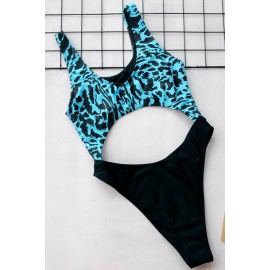 Jade-blue Leopard Cutout U Neck Padded Thong Sexy Monokini