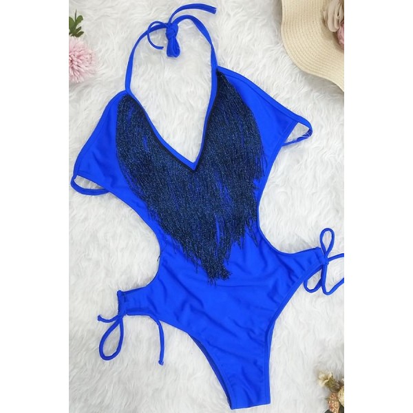 Blue Fringe Plunging Tie Sides Thong Sexy One Piece Swimsuit 