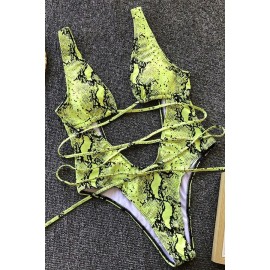 Light-green Snakeskin Strappy Plunging Padded High Cut Sexy Monokini