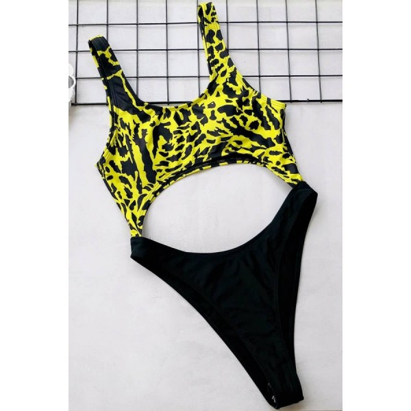 Yellow Leopard Cutout U Neck Padded Thong Sexy Monokini 
