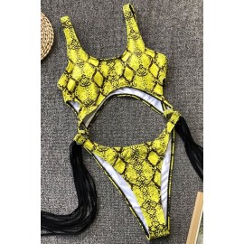 Yellow Snakeskin Cutout Fringe Padded High Cut Sexy Monokini Swimsuit