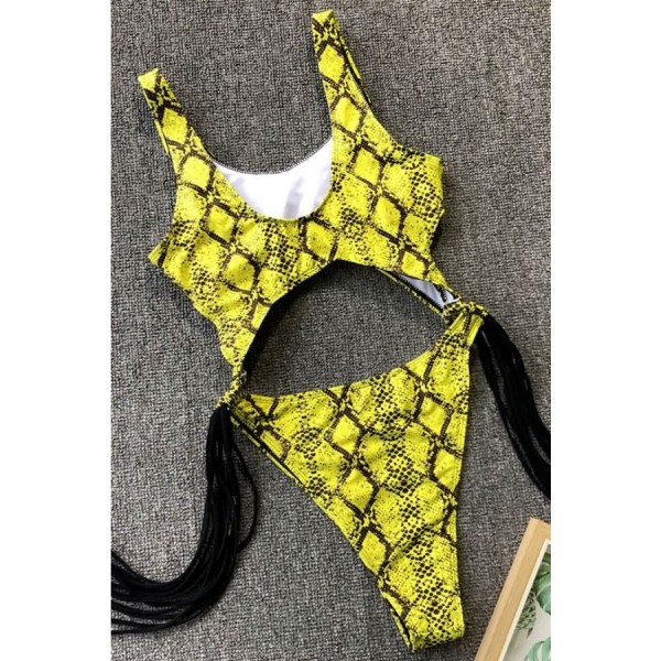Yellow Snakeskin Cutout Fringe Padded High Cut Sexy Monokini Swimsuit 